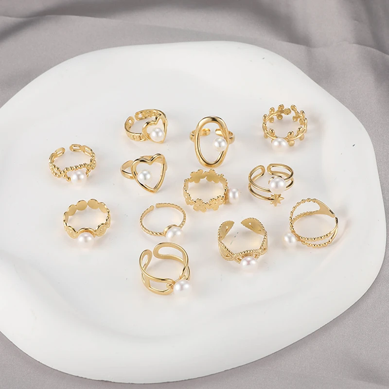 

Wholesale New Design No Fading Stainless Steel Pearl adjustable flower Ring