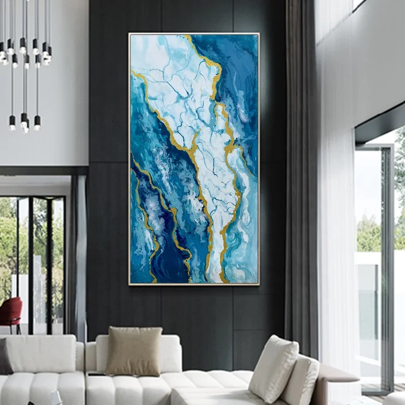 Silk Painting Handpainted Extra Large Bule Watercolor Wall Decor Modern Art Acrylic Gold Foil Abstract Oil Painting on Canvas