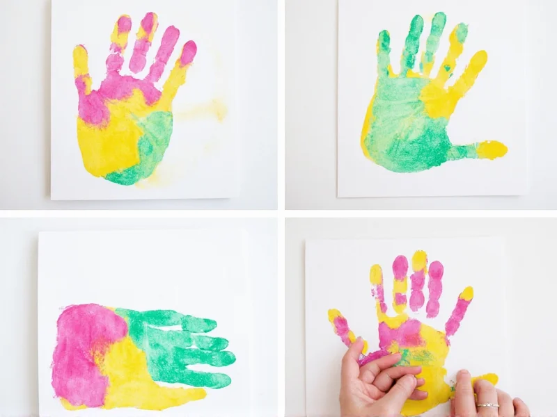 Step-by-step handprint card creation using non-toxic paint for kids