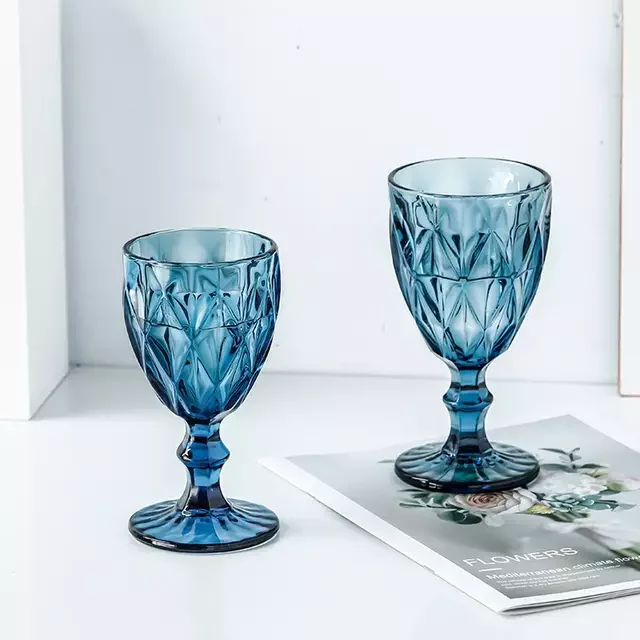 

Wholesale Glassware Colored Goblet Wine Glasses Water Glass Pressed Blue Glass Goblets, Customized color acceptable
