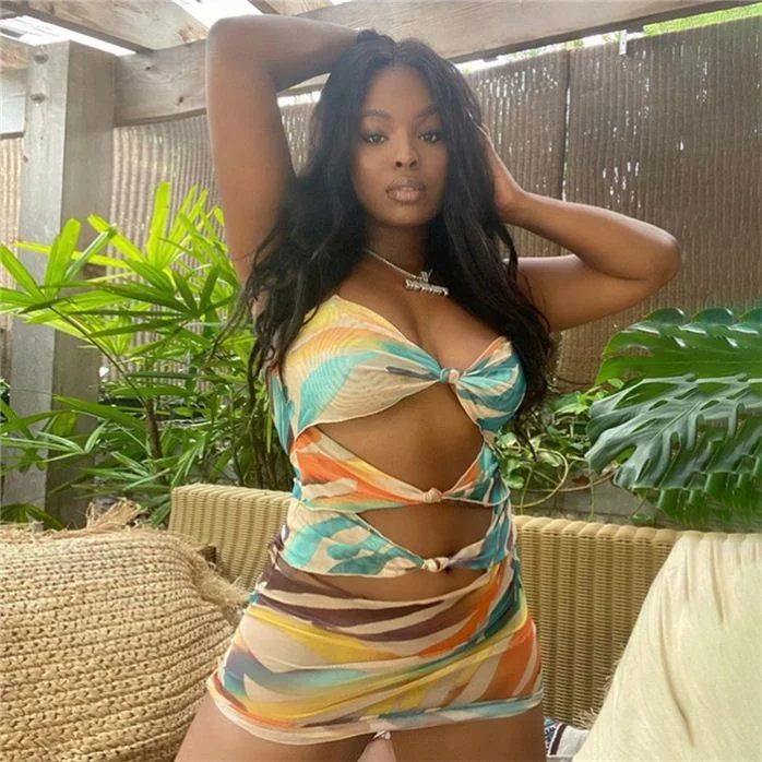 

GE2840-Summer Printed Sense Of Design Hollow Out See Though Mesh Sexy Dresses Women Mini Dress