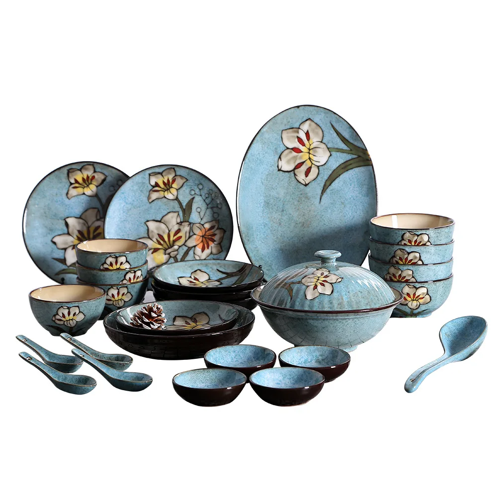 

Japanese and Korean style hand-painted kiln change tableware set household ceramic rice bowl meal fish plate ceramic tableware