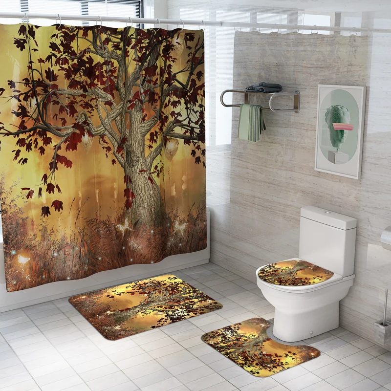 Maple leaf printed Toilet Pad Cover Bath Mat Shower Curtain Set for Bathroom Decoration
