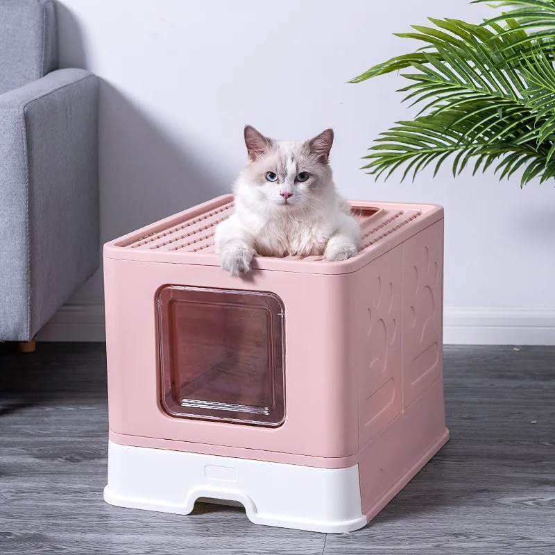 

Amazon Top Seller Customized Portable Travel Hooded Plastic Foldable Pet Cat Litter Box Toilet, Blue,pink,grey