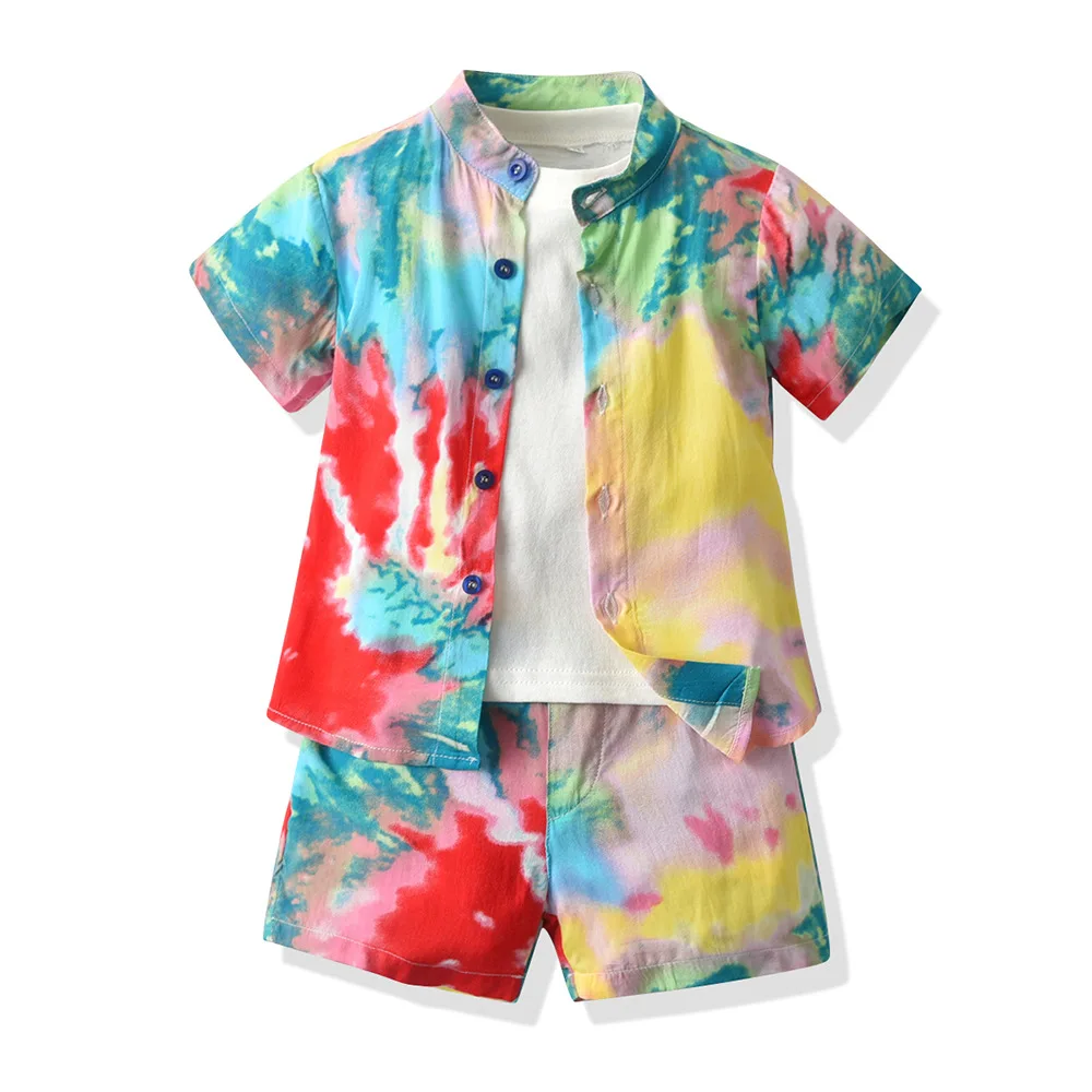 

China supply baby boy's summer clothing sets children 3 pieces clothes suits kids tie-dyed shirts, white pullover and shorts, As picture