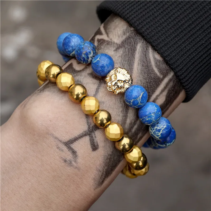 

2pcs/set Fashion Men Bracelet 8MM Natural Stone Gold Lion Beads Charm Bracelet Sets Blue Beaded Elastic Bracelet (KB8324), As picture