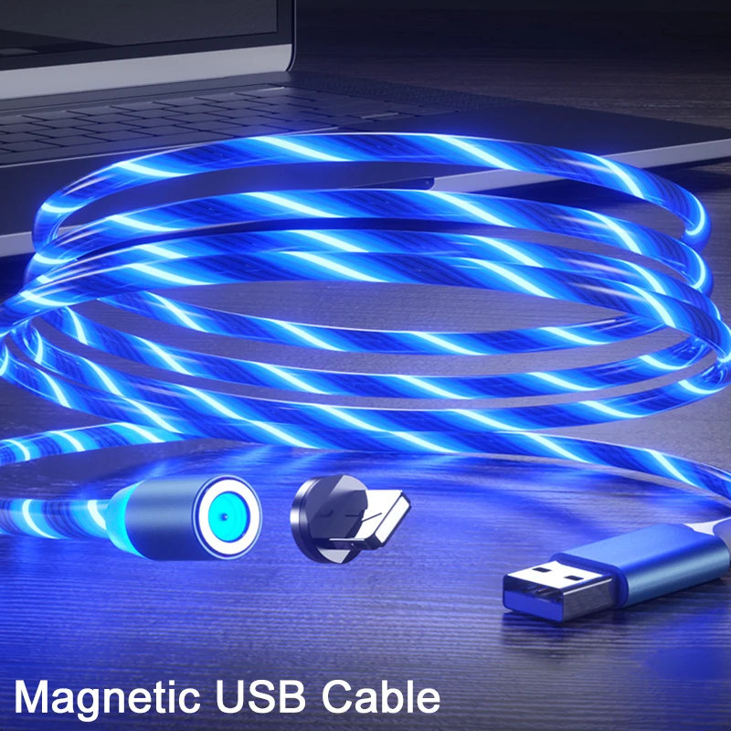 3 in 1 Magnetic Charging Cable Flowing Micro USB Type C 8-pin Magnetic Led Cable for iPhone XS XR LED Magnetic Wire Cord