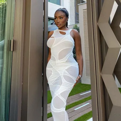 

2021 New Spring Sexy Hollow Out Sleeveless Dress Ladies Patchwork See Through Dress Two Piece Casual Dress Set For Women