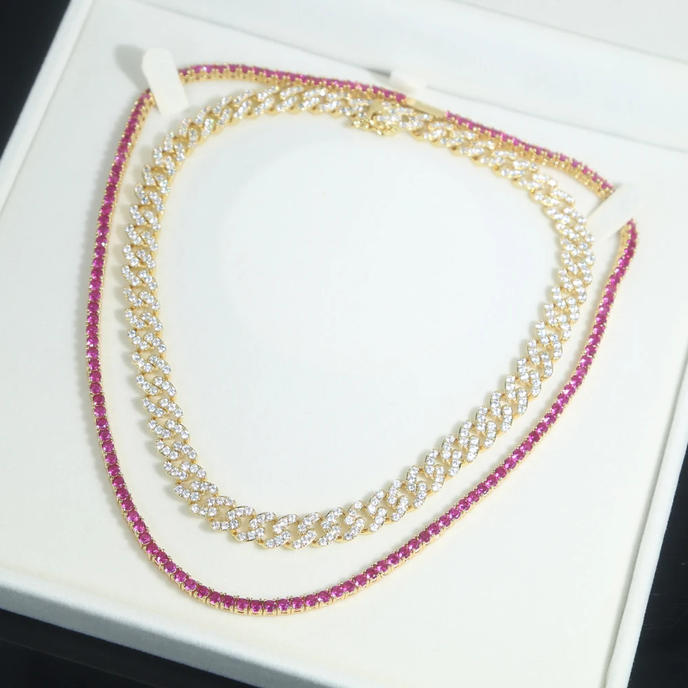 

iced pink tennis chain women necklace 5A cubic zirconia cz sparking bling jewelry in stock wholesale