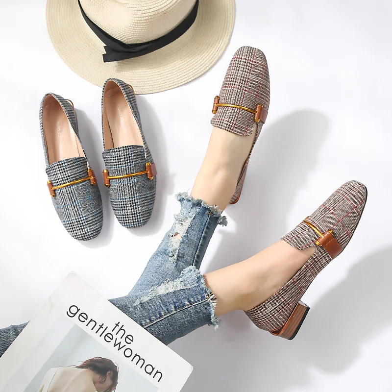 

2021 Fashion Plaid Women Shoes Woman Flats high quality slip-on British Square Toe Women Flat Shoes Ballet plus size, As picture