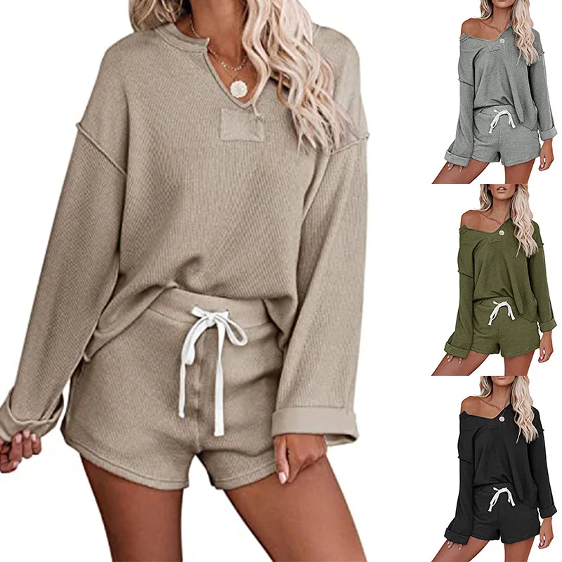 

High quality women sleepwear two piece ladies v neck drawstring off shoulder pajama set 2 piece sleepwear, Picture