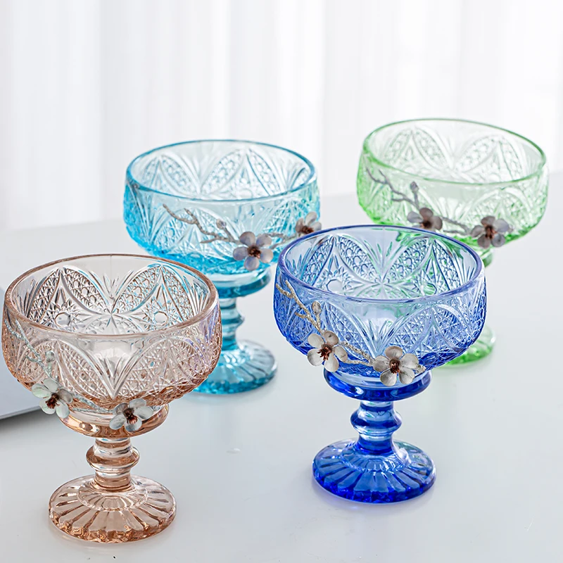 

Factory Wholesale Cheap Single Head Pressed Wine Glass Colored Custom Wine Glass Cup Pattern Engraved Embossed Wine Glass, Transparent color