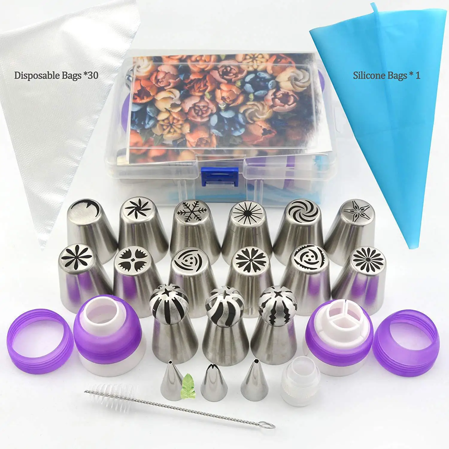 

55Pcs Stainless Steel Piping Tips Bag Pastry Icing Nozzles Cake Decorating Supplies Set, As detail page