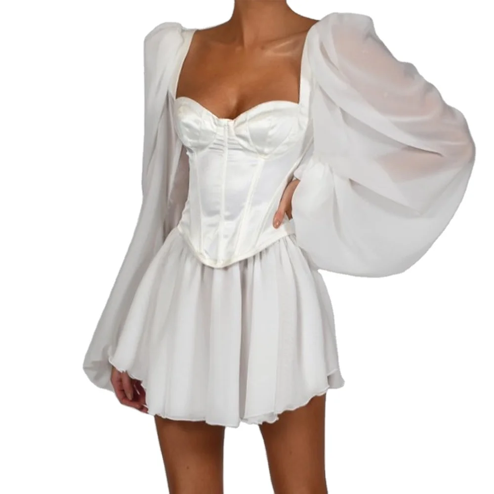 

Hot Style Cross-border European Women's Lantern Sleeve Temperament Slim Sexy Chiffon Dress, Customized color