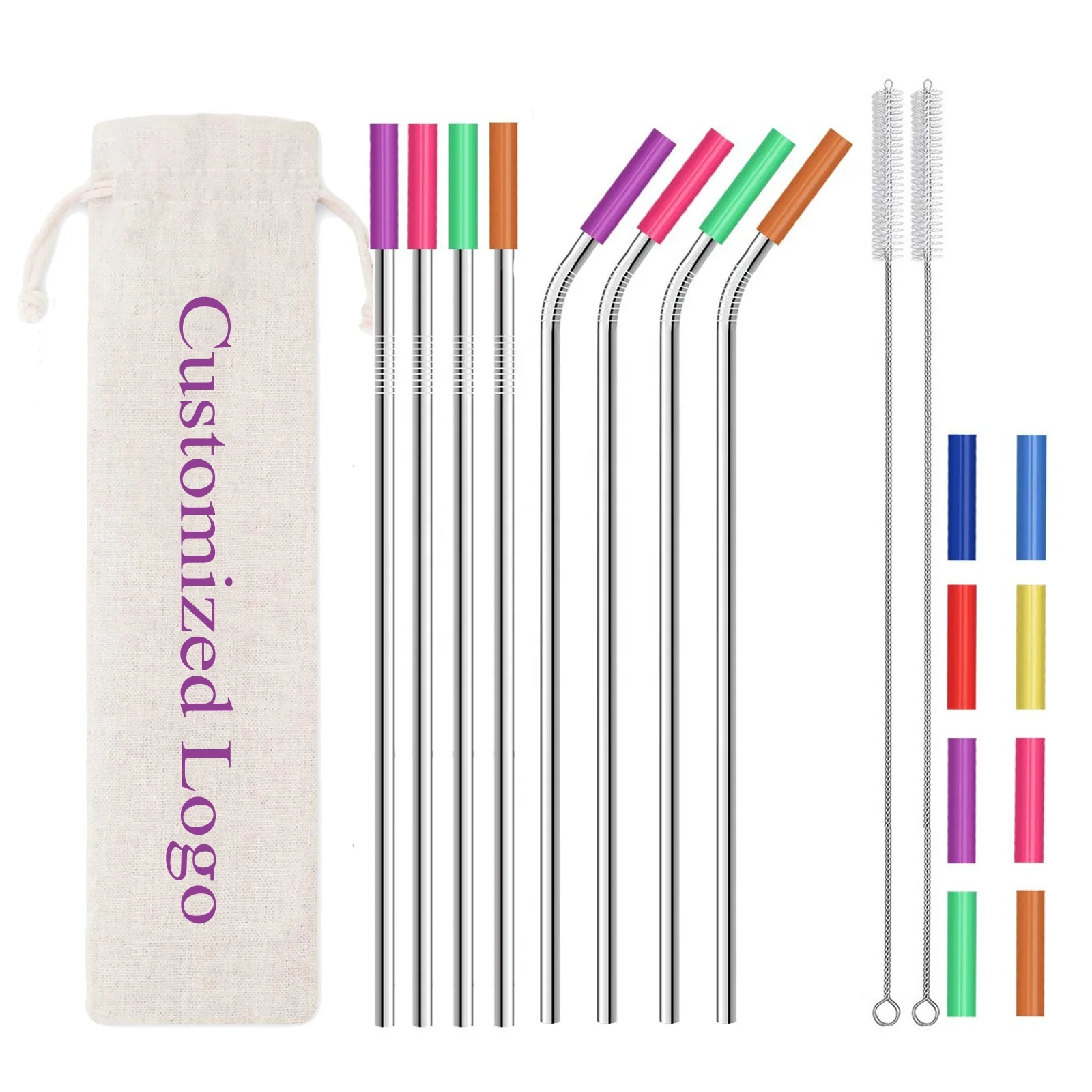 

Eco Friendly Rose Gold Smoothie Stainless Steel Straw Bag Wholesale Drinking Straw With Silicone Tips Set, Customized color