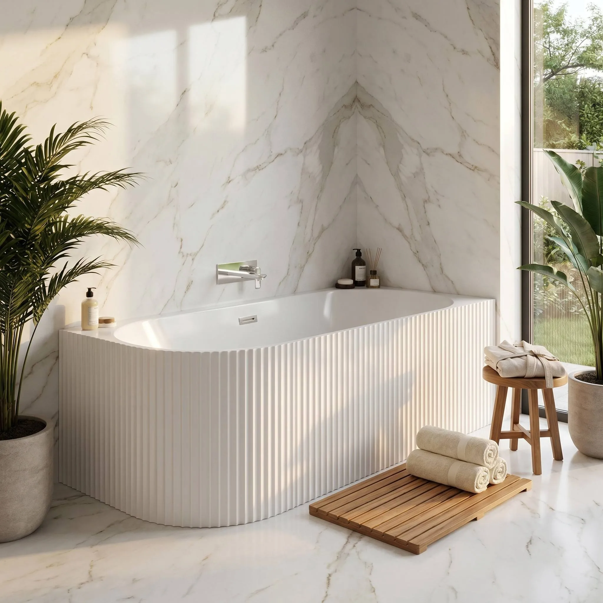 corner-acrylic-bathtub-am013-fluted-exterior-white-marble-wall-left-hand-installed