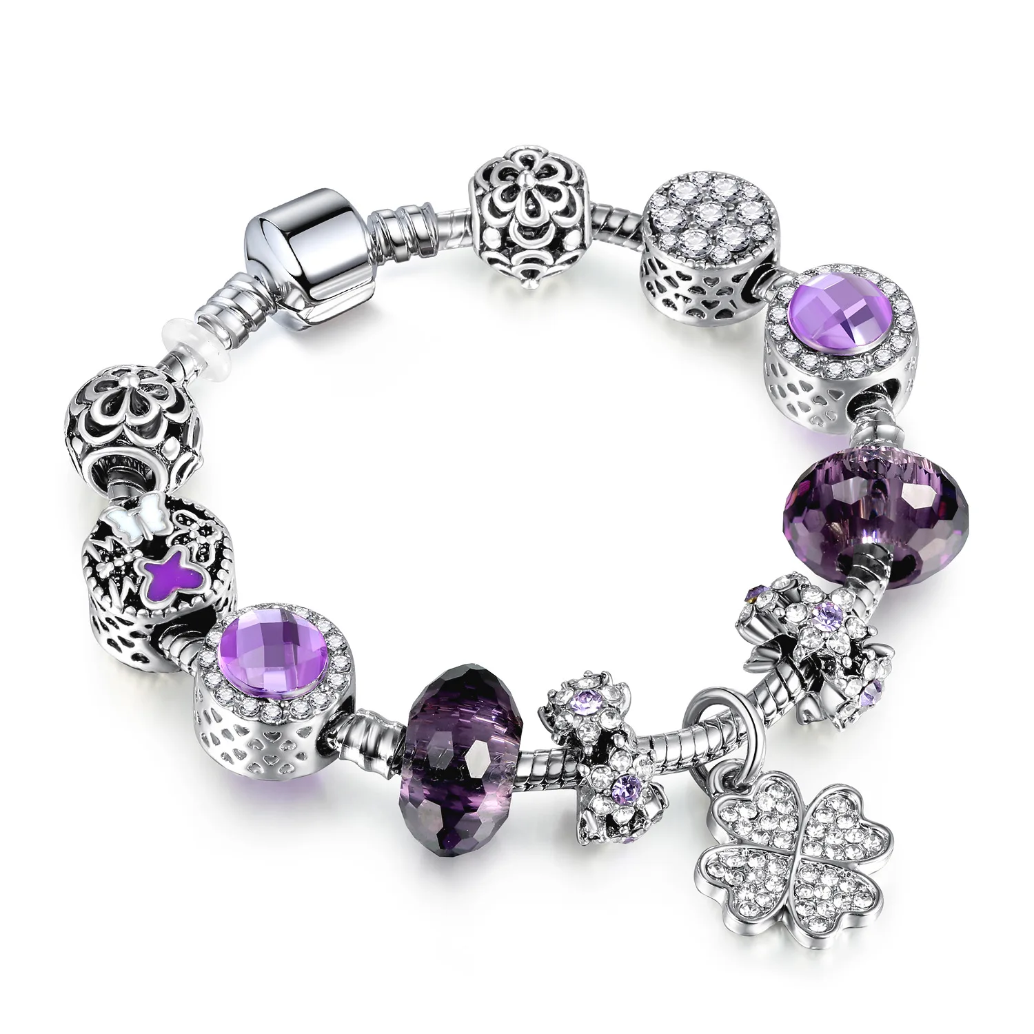 

Silver Plated Snake Chain Purple Crystal Large Hole Beads Charm Bracelet Crystal Rhinestone Flower DIY Charm Bracelet