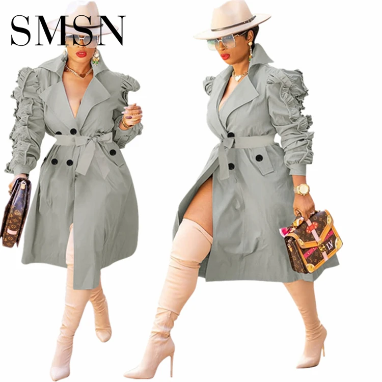 

High Quality Solid Color Long Sleeves Loose Ruffles Fashion Long Trench Coat Women Winter Coats 2021