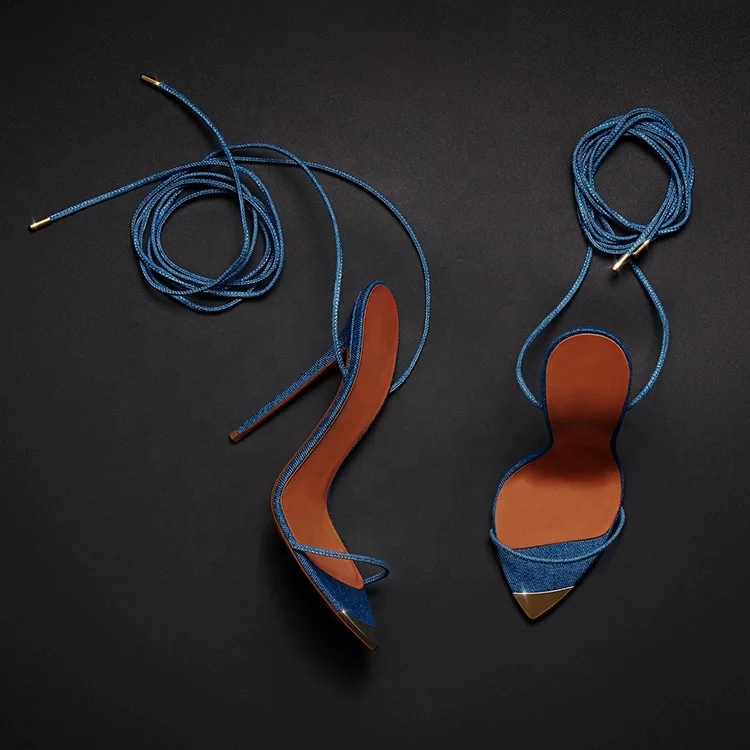 

2021 sexy 12 cm denim lace up thin heel and pointed toe sandals for women, Customized color