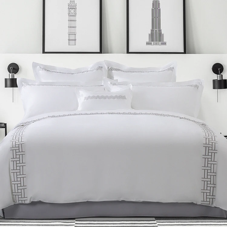 

High Quality Natural Cotton Bedding Set Duvet Cover with Grey Woven Design Embroidered Pillow Case ELIYA