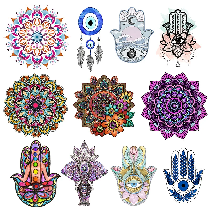 

Iron on Patches Hand of Fatima Mandala Flowers Stripes Thermo Stickers on Clothes Heat Transfer Decorate women's T-shirts