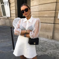 

OOTN Fashion Pearl Button Transparent White Shirt Female Blusas See-through Long Sleeve Top Shirt Blouse Women Mesh Sheer Blouse