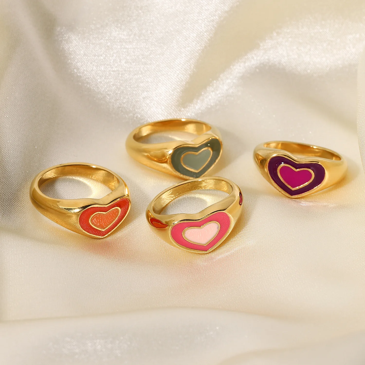 

18K Real Gold Plated 316L Stainless Steel Rings Fashion Jewelry Heart Oil Drop Ring Love Heart Gold Enamel Ring For Girl