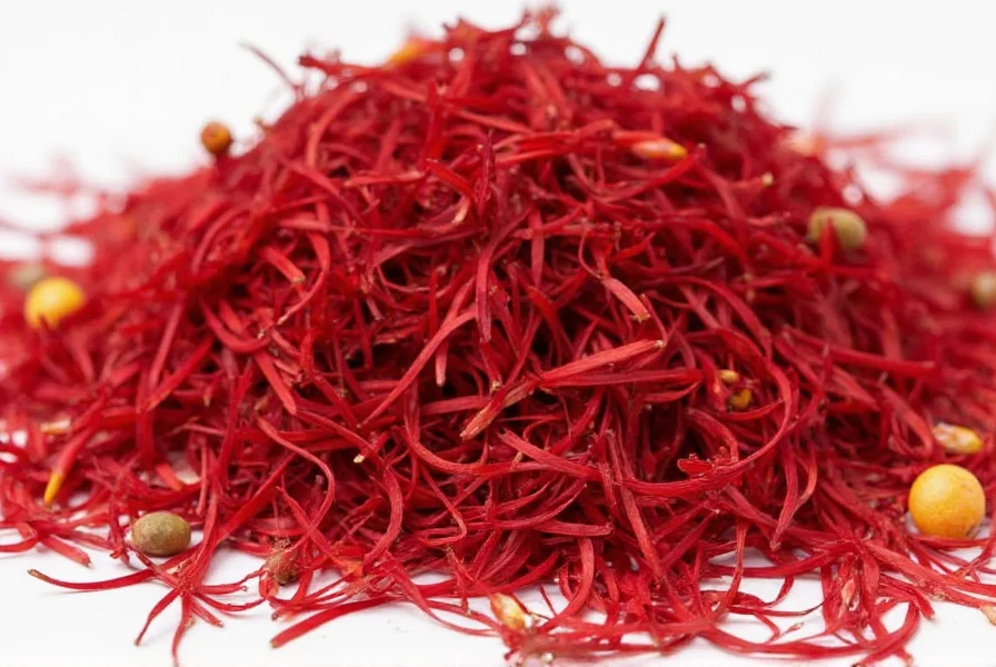 Close-up view of saffron threads and capsules showing the distinctive red stigmas of Crocus sativus