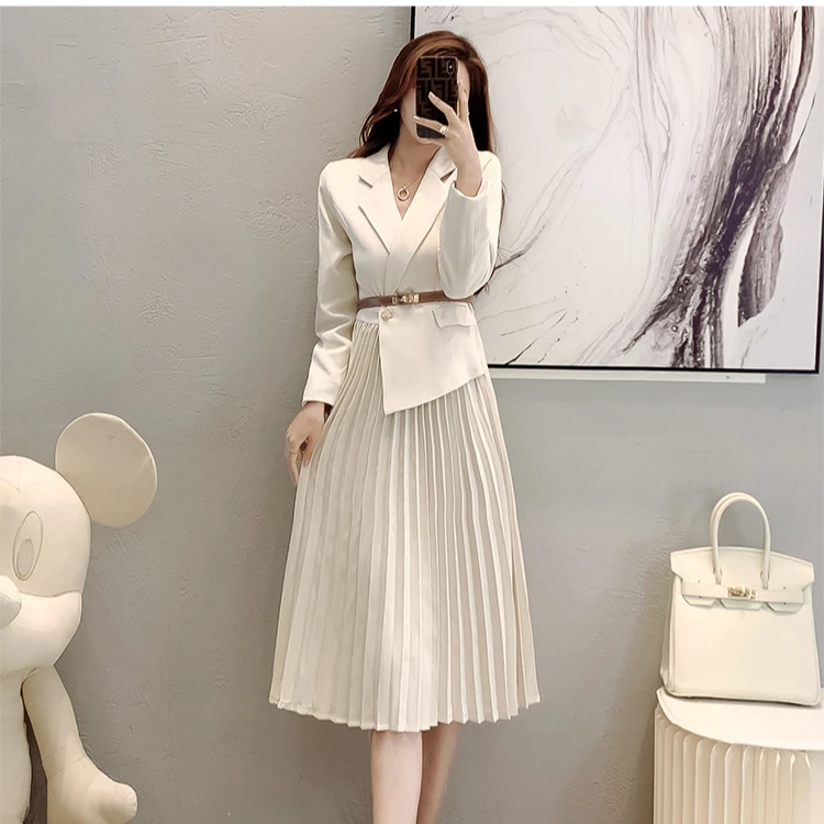 

2021 Long Blazer Maxi Casual Elegant Winter A Line Pleated Dress with Belt, As pic