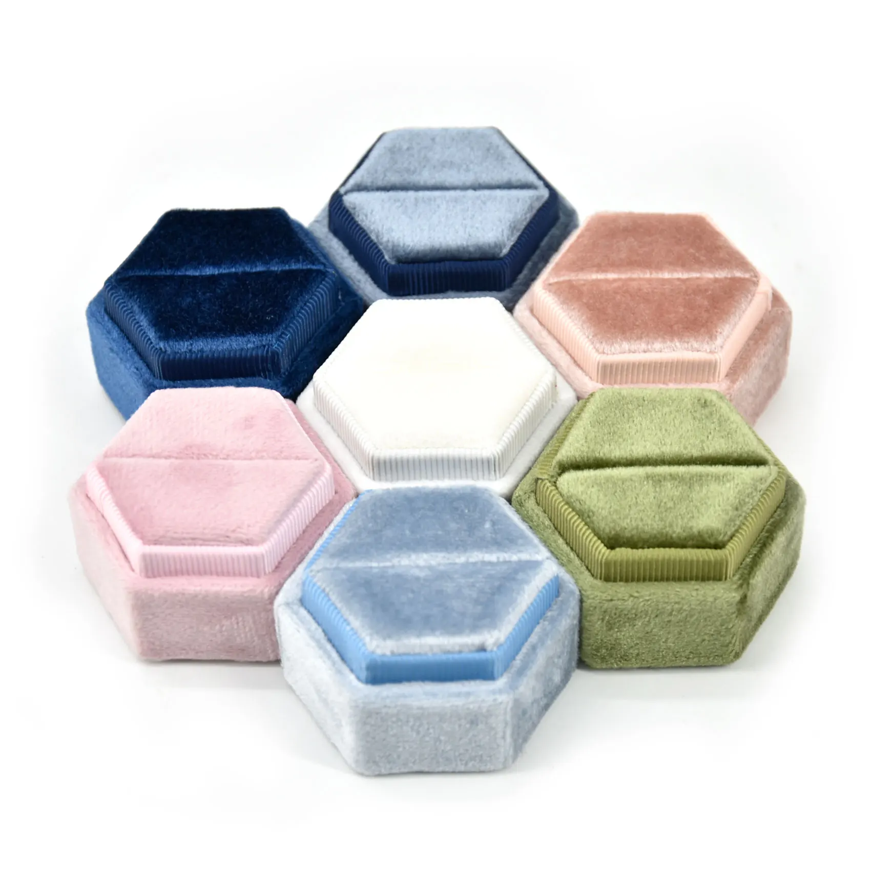 

Wholesale custom logo box packaging luxury double vintage mini hexagon velvet jewelry wedding ring box