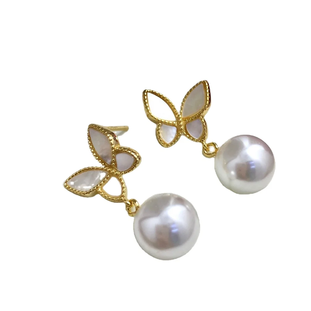 E1910 8-9mm DIY Natural Freshwater Pearl Charm Earrings Mounting Accessory 925 Sterling Silver Gold Plated  Jewelry for Women