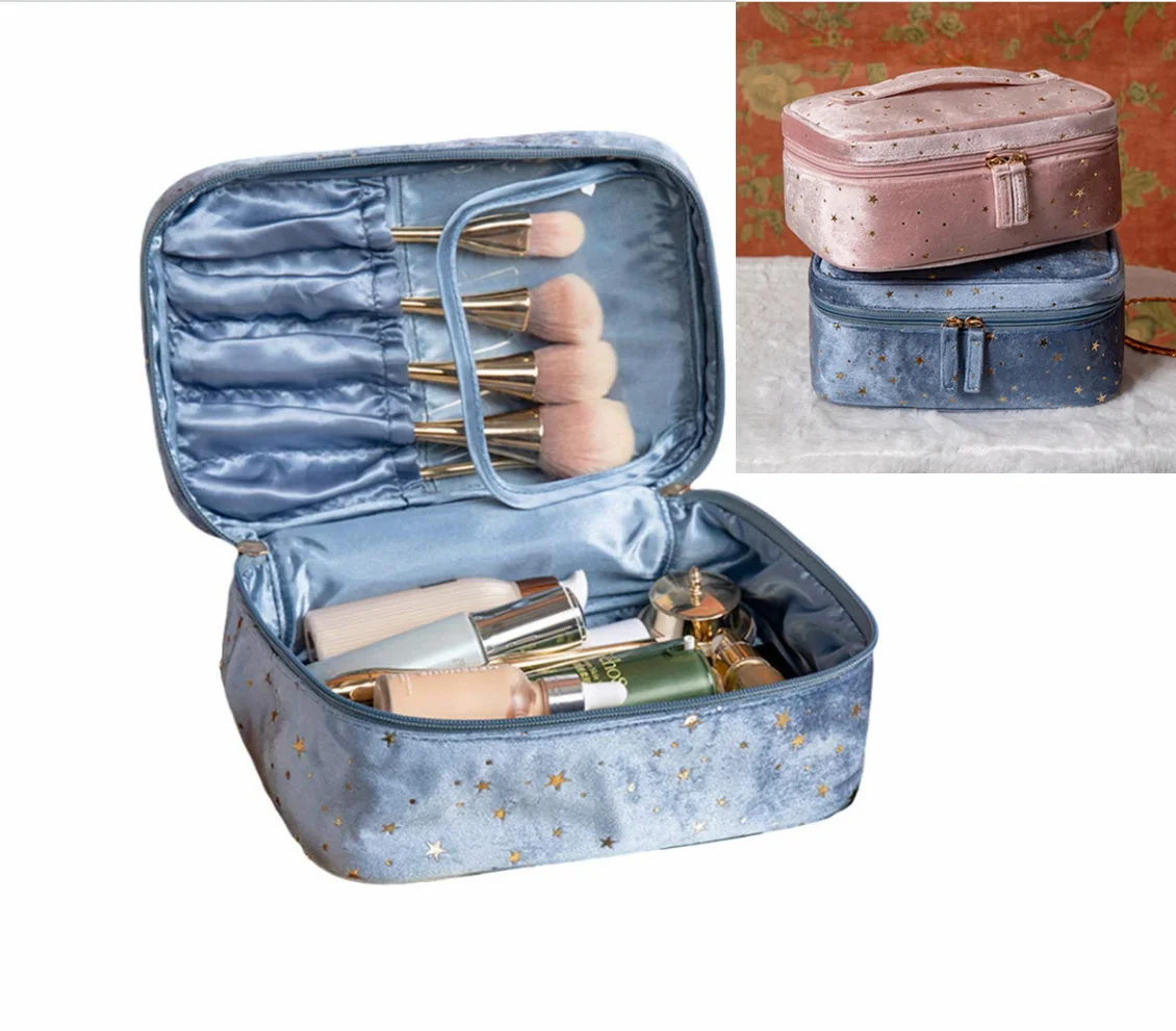 

Luxury Elegant Velvet Cosmetic Bags Starry Sky Golden Stars Zipper Makeup Pouch Bag with Brush Holder, Customized colors