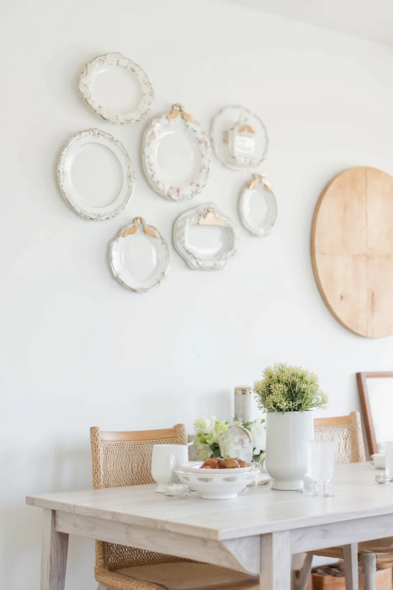 Wooden shelf displaying multiple platters with ease and elegance