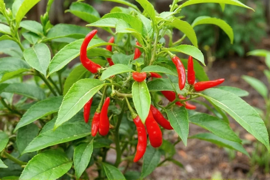 Flying Dragon pepper plant showing distinctive curved red pods growing on bushy plant in garden setting