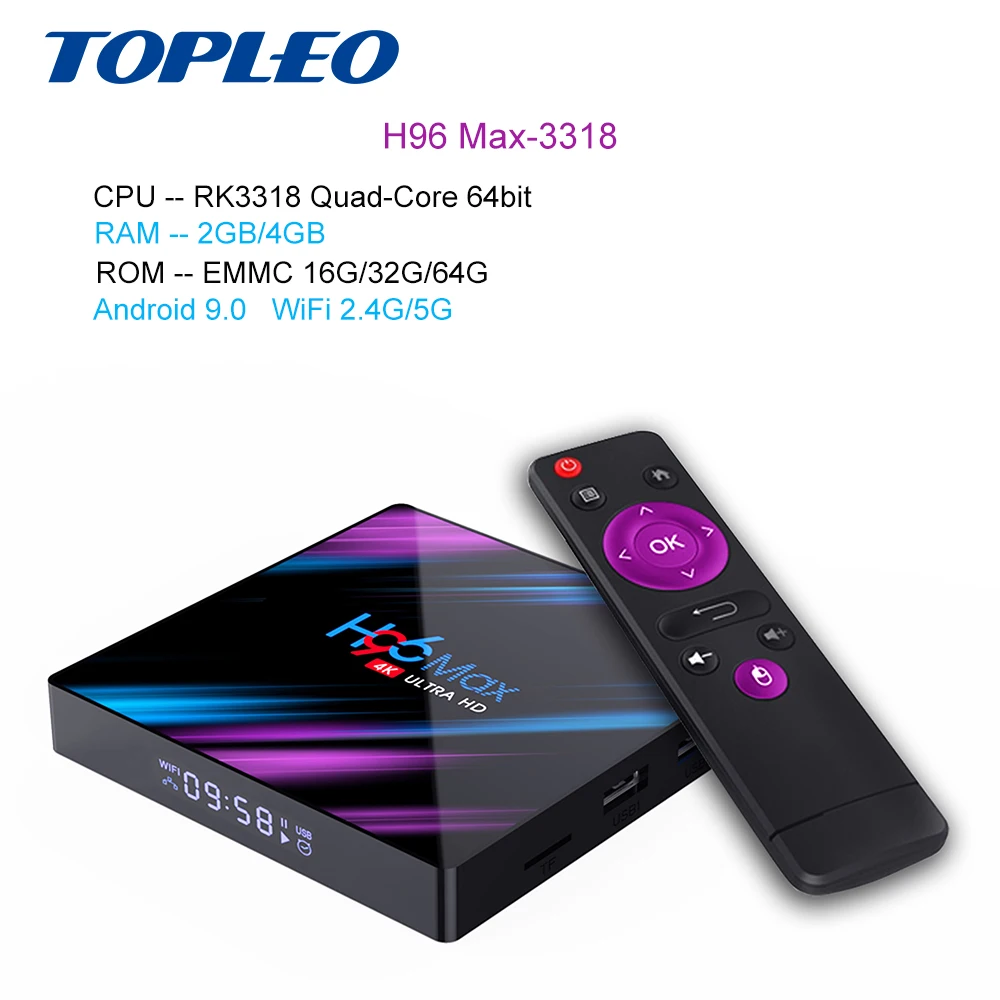 
Topleo Newest H96 max RK3318 RK3318 64bit 2GB 4GB RAM 16GB 32GB 64GB android 9.0 smart tv box 
