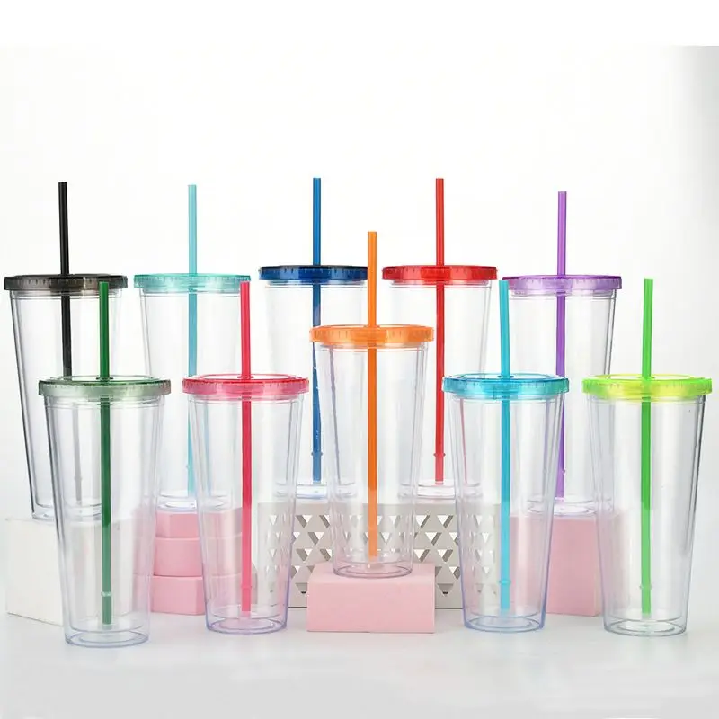 

clear 24 oz/710 ml sustainable acrylic plastic tumbler with colorful lids and straw double wall plastic drinking WATER BOTTLE