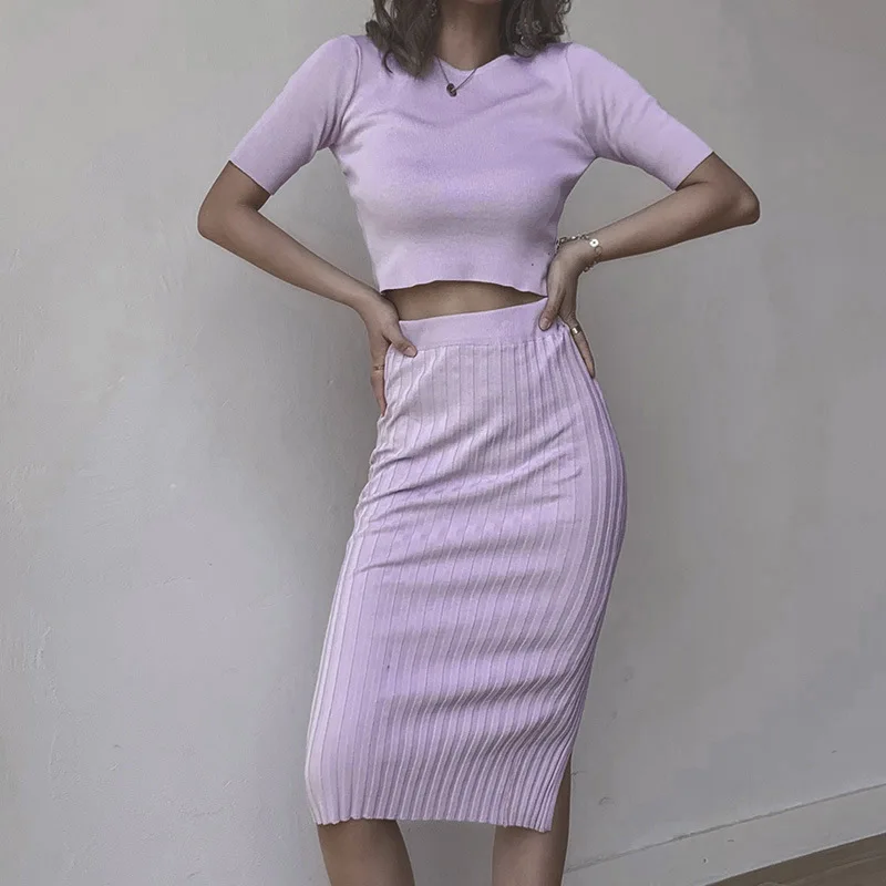 

2 Piece Set knitting Women Skirt And Top Summer Sexy Two Pieces Outfits Party Club Wear Split Clothing