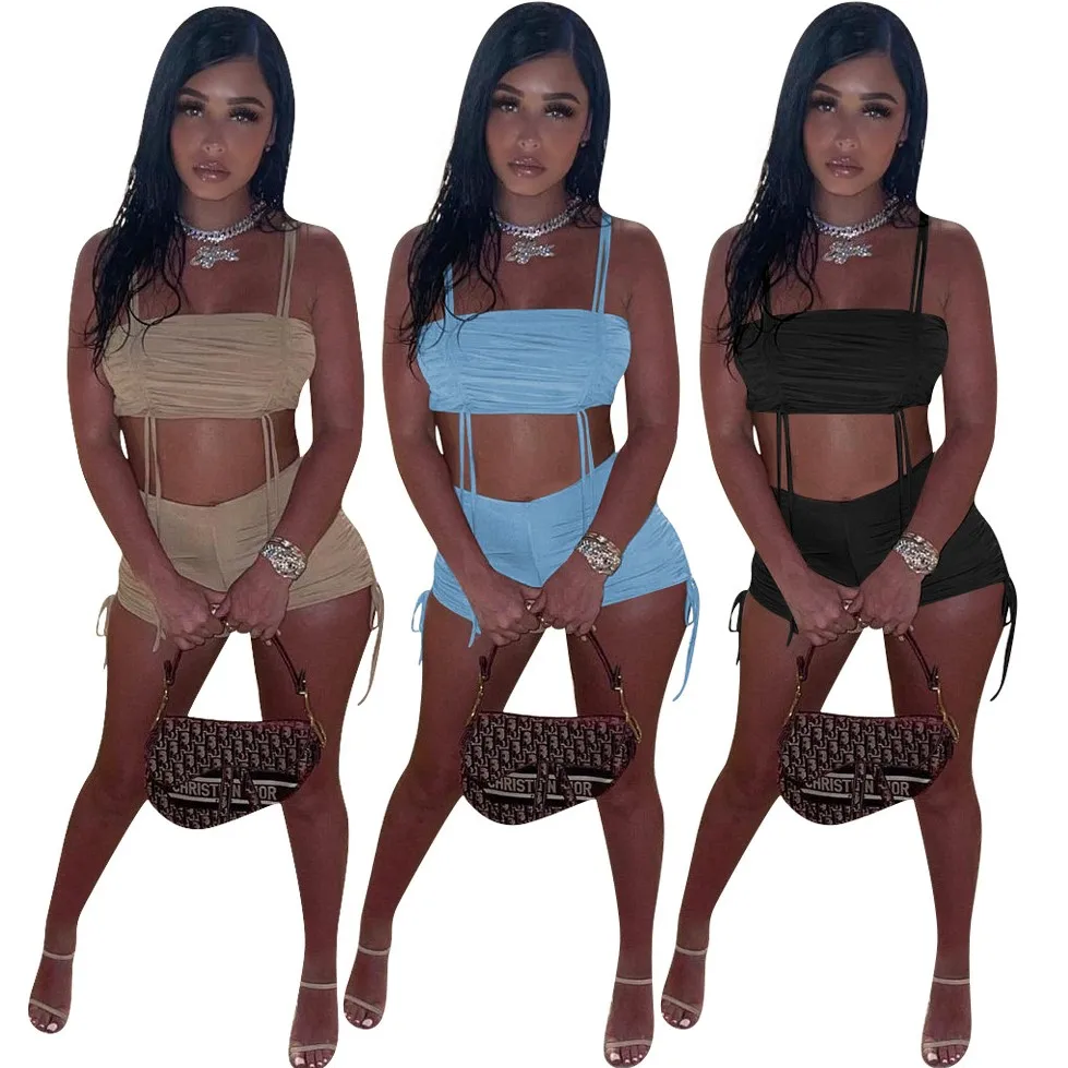 

X02954S Women Set Solid Crop Tank Tops Sheath Elastic Mid Waist Pencil Shorts Pockets 2 Piece Set Tracksuit Outfit, Black/coffee/blue
