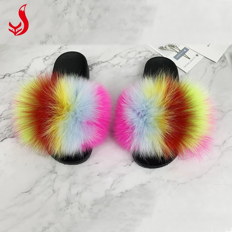 
Wholesale Indoor Women Real Raccoon Mink Sandals Fox Fur Slides Slippers with Custom Logo 