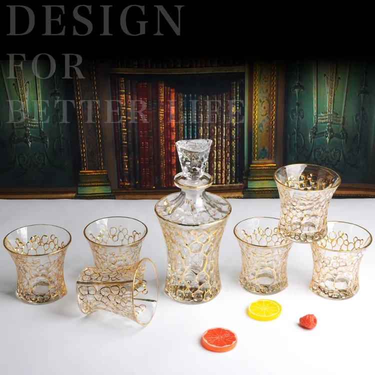 

500ml Golden Line Transparent Lead Free Glass Wine Decanter and Cups set, Transparent with golden line