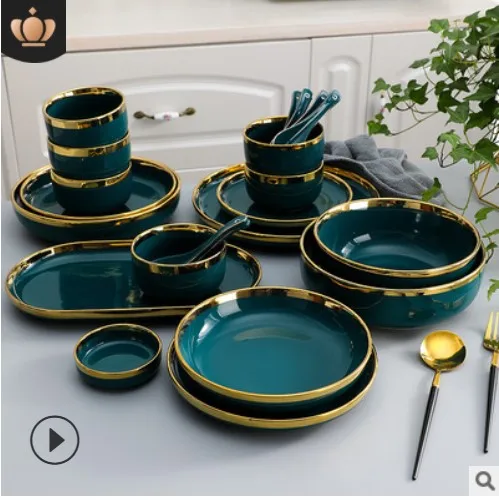 

Green Porcelain Dinner Plates Dishes with Golden Rim Ceramic Cake Food Steak Plate Salad Soup Bowl Dinnerware Set for Restaurant