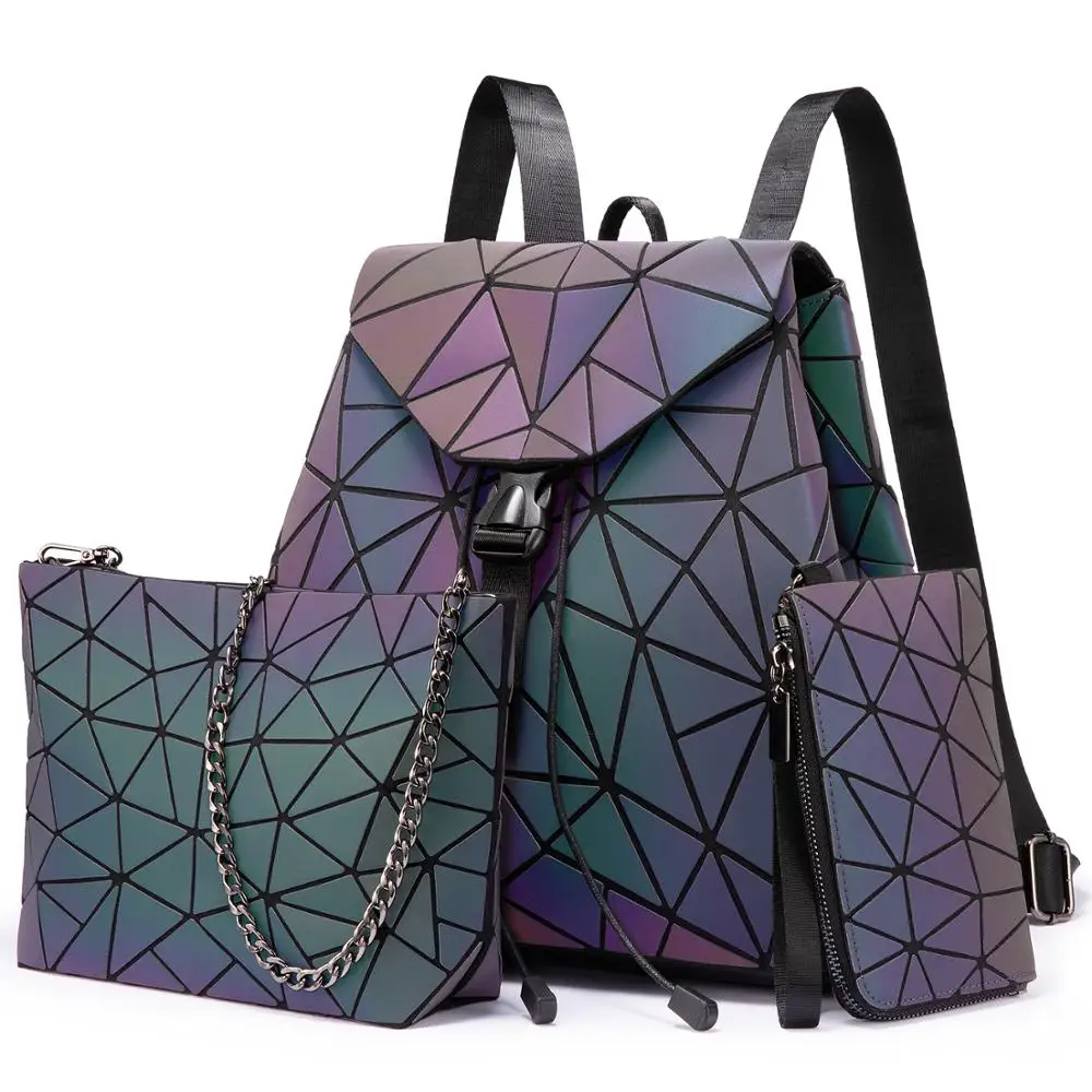 

Luminous Backpack Sets Women Geometric Pu Leather Backpack Holographic Reflective Ladies Messenger Bags