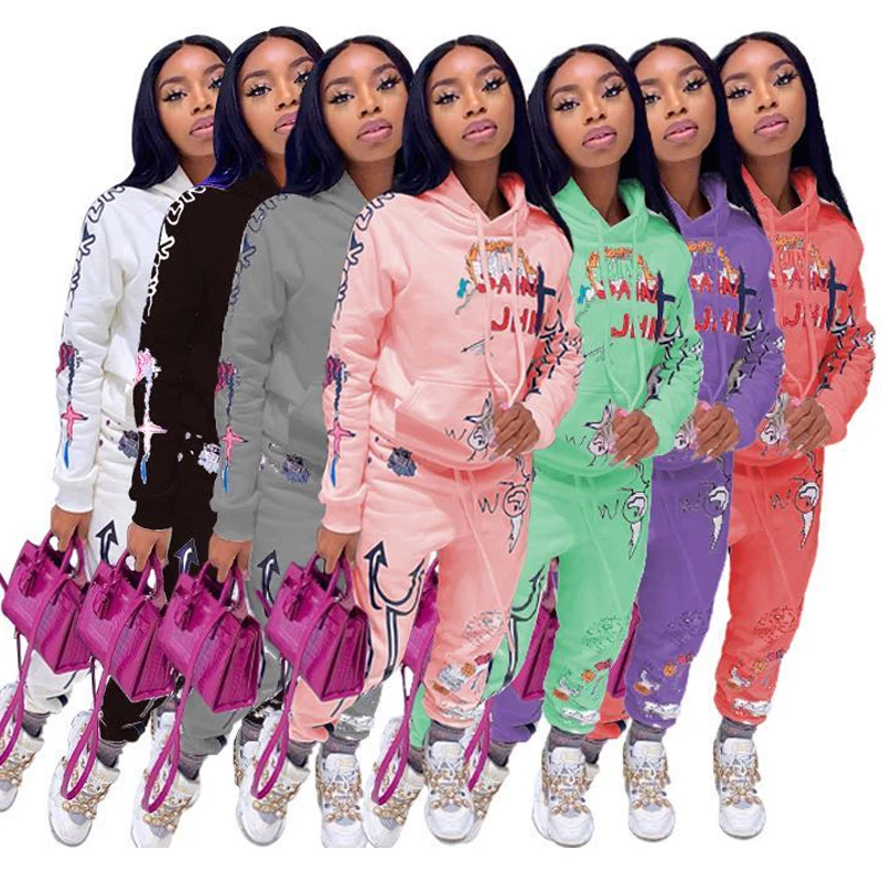 

SY-XT350 Fall fashion cartoon letter print Women's Set Hoodies Jogging Pants Matching Tracksuit Two Piece Set Sport Sweatsuit, 2colors