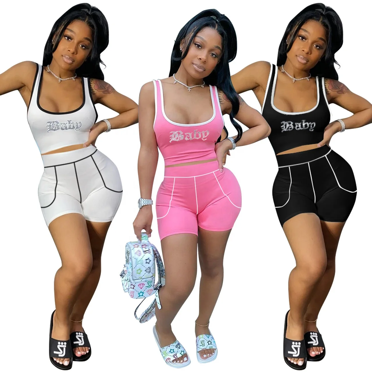 

Women Summer Clothes Hot Drill Casual Vest Top High Waist Shorts Jogger 2 Piece Set Women Clothing 2021