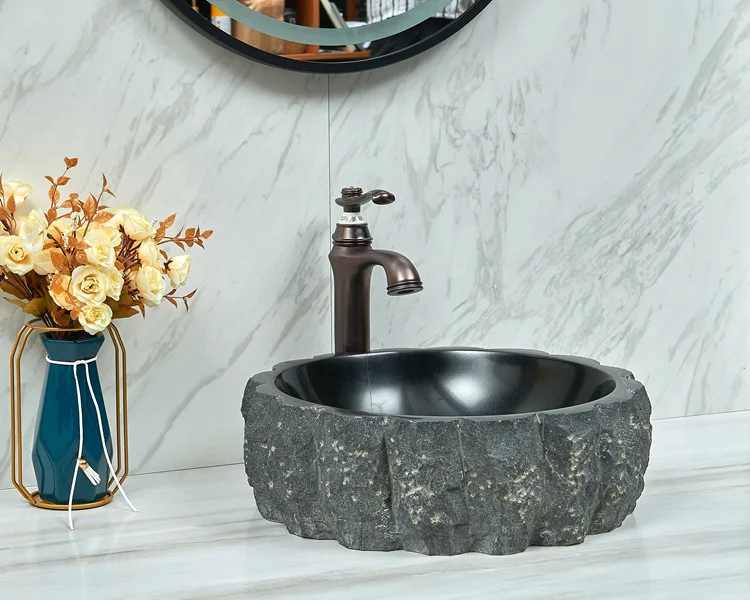 New flower shape black granite stone wash basin bathroom above counter sink