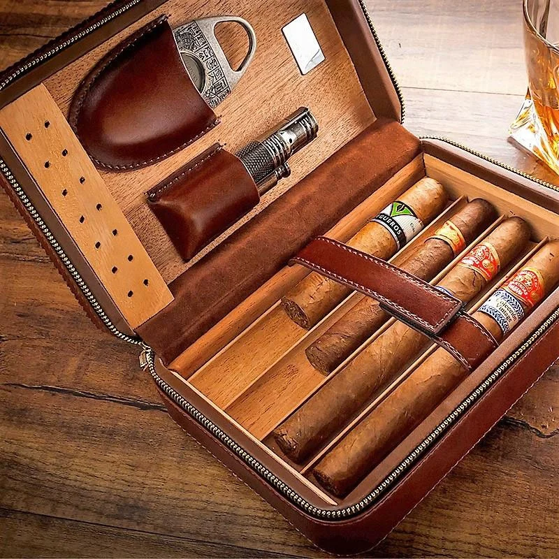 

Travel brown leather cigar case humidor holder 3 small boxes single wooden box, Customized