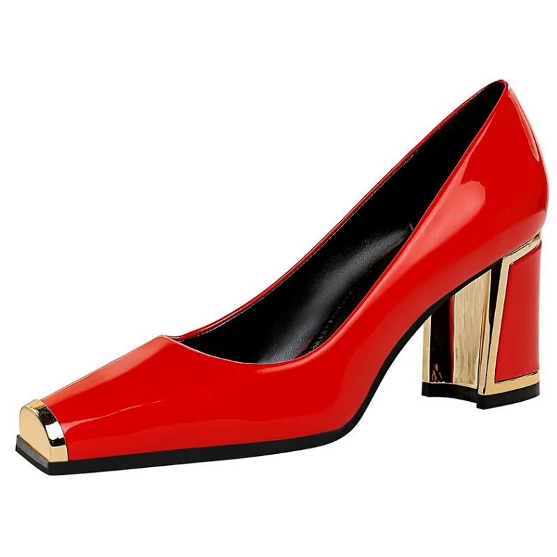 

European and American fashion high heels bright leather shallow metal square heel women's shoes, Red black nude silver