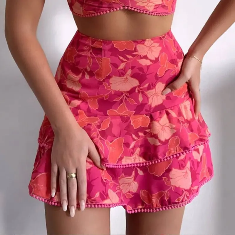 

Women red Dresses Floral Print Pom Ruffles Top & Layered Skirt set