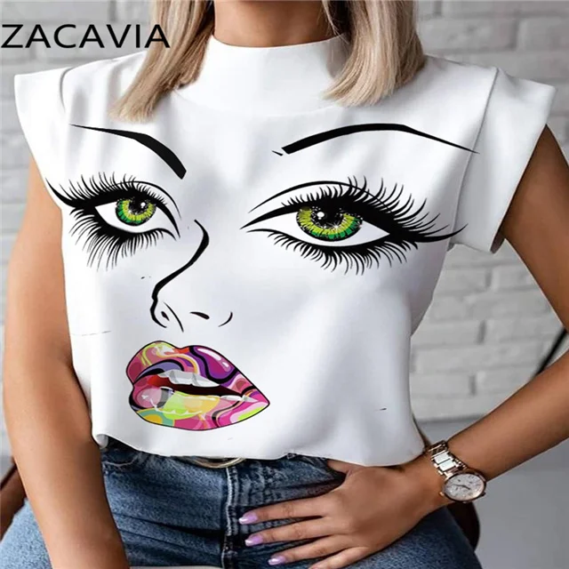 

Zacavia 2021 Summer Simple Stand-up Collar T-shirt Lip Print Ladies T-shirt Free Shipping, Picture showed