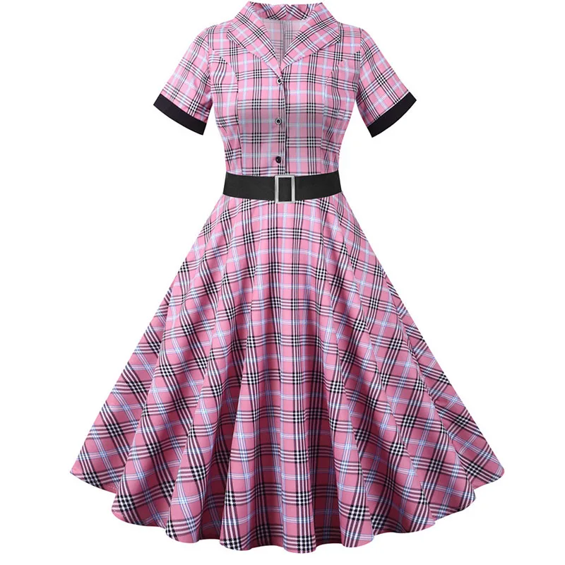 

Spring Yellow British Plaid Vintage Dress Turn Down Neck Belt Short Sleeve Swing Party Robe Rockabilly 50s 60s Retro Vestidos